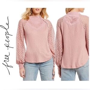 NWT Free People Sweetest Thing Lace sleeve thermal top in Bliss Blush